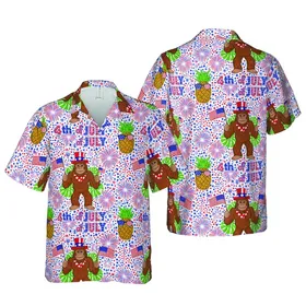 Patriotic Bigfoot Hawaiian 4th of July Pattern with Pineapples, Stars, Hearts Design Short-sleeve Hawaiian Shirt