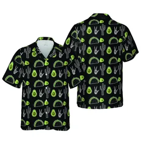 Black Off-White Hawaiian Desert Foodie Cacti Taco Avocado Skeleton Peace Pattern Short-sleeve Hawaiian Shirt