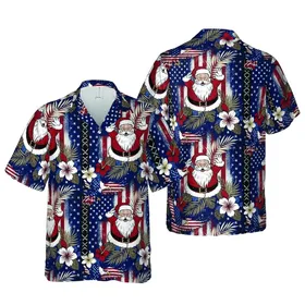Patriotic Santa Claus Eagle Distressed US Flag Laced Stars Stripes Botanical Short-sleeve Hawaiian Shirt