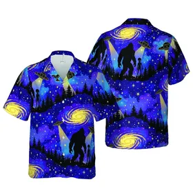 Bigfoot Alien Peace Sign UFO Galaxy Glowing Cosmic Pine Forest Night Sky Design Short-sleeve Hawaiian Shirt