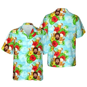Smiling Man Beer Mug Caricature Hawaiian Hibiscus Red Yellow Plumeria Palm Fronds Short-sleeve Hawaiian Shirt