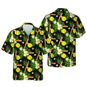 Softball Baseball Bat Hibiscus Monstera Palm Frond Black Mosaic Short-sleeve Hawaiian Shirt