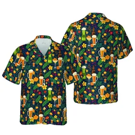 Hawaiian Alcoholic Beverage Pattern: Beer, Cocktails, Citrus, Tropical Leaves Navy Mosaic Short-sleeve Hawaiian Shirt