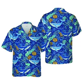 Hawaiian Blue Whale Flora Mosaic Design - Deep Ocean Cerulean Navy Aqua Teal Gold Short-sleeve Hawaiian Shirt