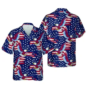 American Patriot Soaring Bald Eagle Distressed Flag Hawaiian Print Deep Blue Red White Short-sleeve Hawaiian Shirt