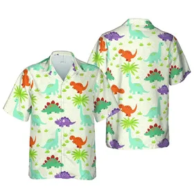 Hawaiian Cartoon Dinosaurs | Stegosaurus Brontosaurus T-Rex | Speckled Cream Landscape Short-sleeve Hawaiian Shirt
