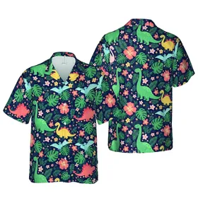 Cartoon Dinosaur Hawaiian Pattern Tropical Leaves Navy Floral Sublimation Design Short-sleeve Hawaiian Shirt