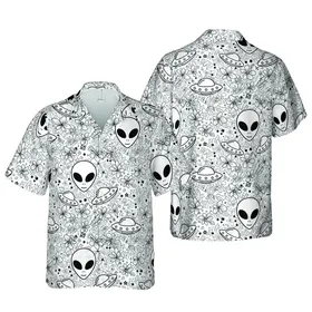 Space Explorer All-Over: Cartoon Alien Heads, UFOs, Planets, Black White Star Diamonds Short-sleeve Hawaiian Shirt
