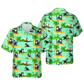 Bernese Mountain Dog Tropical Hawaiian Beach: Ocean Waves, Palm Trees, Plumeria Short-sleeve Hawaiian Shirt
