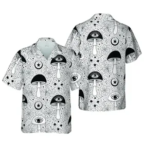Hawaiian All-Seeing Eye Mushroom Trefoil Crescent Moon Star Black White Speckle Short-sleeve Hawaiian Shirt