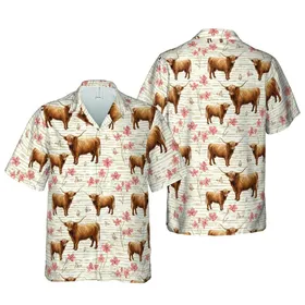 Highland Cattle & Calves Shaggy Fur Tropical Coral Wildflower Butterfly Print Short-sleeve Hawaiian Shirt