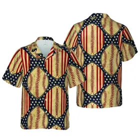 Patriotic Aloha Baseball Flag, Distressed Tan Red Black Pattern Short-sleeve Hawaiian Shirt