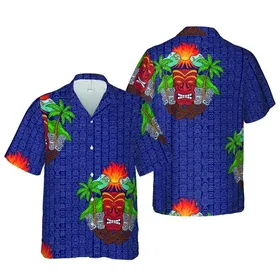 Ancient Red Tiki Mask Erupting Volcano Palm Tree Tribal Pattern Mosaic Deep Blue Print Short-sleeve Hawaiian Shirt