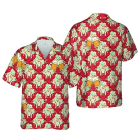 Tightly Packed Red Lobsters & Amber Beer Mugs Hawaiian Tropical Seamless Pattern Short-sleeve Hawaiian Shirt