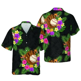 Baseball Mitt Hawaiian Foliage Pineapples Pink Hibiscus Rich Green Black Tropical Leaves Short-sleeve Hawaiian Shirt