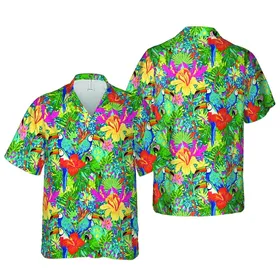 Macaw Parrot Toucan Pattern Intricate Botanical Blue Green Orange Pink Yellow 8K Short-sleeve Hawaiian Shirt