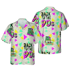 BACK TO THE 90 Striped Typography, Zebra High-Top Sneaker, Cassette, Geometric Tile Design Pink Teal Yellow Purple Black Cream Short-sleeve Hawaiian Shirt
