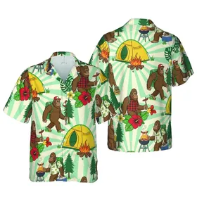 Sasquatch Camper Grilling Beer Tent Hawaiian Retro-Striped Sunburst Pattern Short-sleeve Hawaiian Shirt