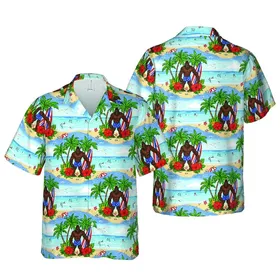 Bigfoot Surfer American Flag Trunks Tropical Hawaiian Beach Landscape Sublimation Short-sleeve Hawaiian Shirt