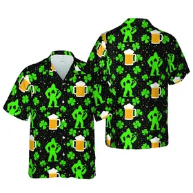 Bigfoot Hawaiian Pattern: Green Bigfoot, Golden Beer Steins, Shamrocks, Starry Night Short-sleeve Hawaiian Shirt