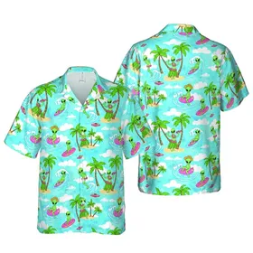 Light Green Alien Surfing Hula Palm Tree Ocean Beach Flamingo Saucer Pattern Short-sleeve Hawaiian Shirt