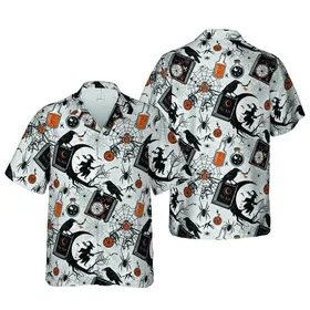 Witch Broom Raven Spider Skull Spellbook Intricate High Contrast Textile Design Short-sleeve Hawaiian Shirt