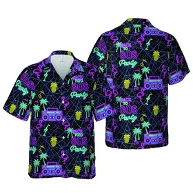 Neon 80s Party Boombox Palms Pineapple Laser Grid Fabric Print Short-sleeve Hawaiian Shirt