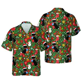 Black Cats Santa Hat Hawaiian Tropical Christmas Stockings Snowflake Motif Short-sleeve Hawaiian Shirt