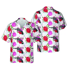 Dark Grey Revolver Pink Rose Peony Diamond Botanical Light Blue Watercolor Pattern Short-sleeve Hawaiian Shirt