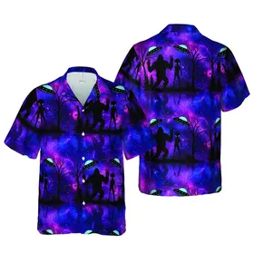 Bigfoot Alien Peace Sign Cosmic Nebula High Contrast Purple Magenta Tropical Pattern Short-sleeve Hawaiian Shirt