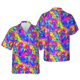 Rooster Heads Mirrored Aviators Red Combs Hawaiian Abstract Paint Splatter Botanical Short-sleeve Hawaiian Shirt