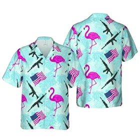 Pink Flamingo & American Flag Rifle Tropical Palm Frond Sky Blue Arrangement Short-sleeve Hawaiian Shirt