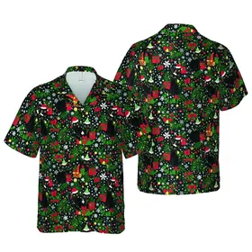 Black Cat Christmas Hawaiian Tile: Santa Hat Gift Box Snowflake Star Design Short-sleeve Hawaiian Shirt
