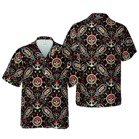 Pirate Skull Bandana Anchors Steering Wheels Ropes Stars Sunbursts Hawaiian Fabric Design Short-sleeve Hawaiian Shirt