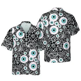 Seamless Hawaiian Pattern: Realistic Eye, Red Veins, Light Blue Iris, Black Mosaic Short-sleeve Hawaiian Shirt