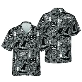 Halloween Tropical Grinning Jack-o'-lantern Black Cat Witches Hat Pattern Short-sleeve Hawaiian Shirt