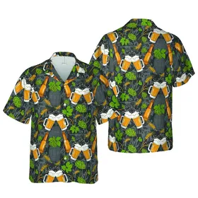 Brewers Golden Hops Barley Emerald Leaves Beer Glass Bottle Barrel Fabric Print Short-sleeve Hawaiian Shirt