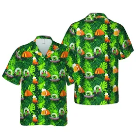 Alien's Tropical Camping Adventure: Flying Saucer, Beer, Campfires, Monstera Fronds Short-sleeve Hawaiian Shirt
