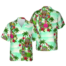 Hula Dancers Tiki Masks Tropical Beach Ocean Scene Palm Trees Parrots Hibiscus Plumeria Short-sleeve Hawaiian Shirt