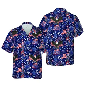 Uncle Sam Skeleton Band Eagle American Flag Fireworks Seamless Tropical Tile Pattern Short-sleeve Hawaiian Shirt