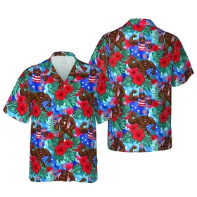 Patriotic Bigfoot Hawaiian: Uncle Sam Hat, Flag, Red Hibiscus, Tropical Leaves Short-sleeve Hawaiian Shirt