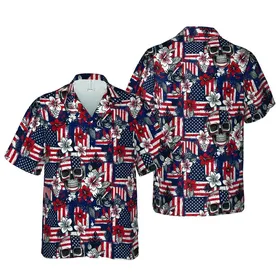 Skull Americana: Seamless Hawaiian Anatomical Skull, Distressed Flag, Grunge Textile Design Short-sleeve Hawaiian Shirt