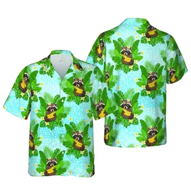 Raccoons With Bananas Plumeria Flowers Monstera Palm Fronds Hawaiian Blue Gradient Tile Short-sleeve Hawaiian Shirt