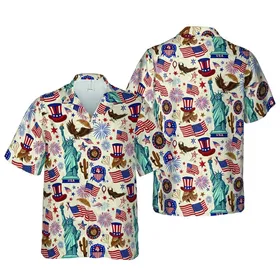 USA Patriotic Hawaiian: Liberty Statue, Bald Eagles, Waving Flags, Cowboy, Uncle Sam Fabric Print Short-sleeve Hawaiian Shirt