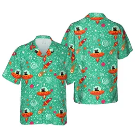 Black Cat Pilot Hawaiian Cosmos: Saucers, Rockets, Planets & Atom Orbitals White Speckled Short-sleeve Hawaiian Shirt