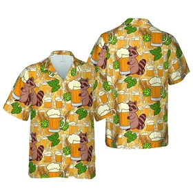 Raccoon Beer Hawaiian Mosaic: Seamless Wheat Hops & Beer Stein Glass Design Short-sleeve Hawaiian Shirt