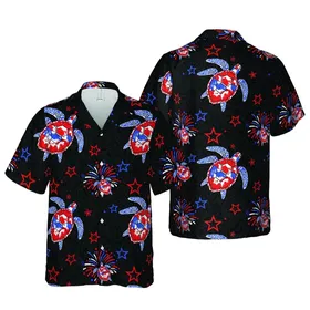 Large Sea Turtles Mosaic Red White Blue Shells Stars Fireworks Dense Black Botanical Fabric Print Short-sleeve Hawaiian Shirt