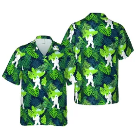 Seamless White Bigfoot Yeti Monstera Palm Tropical Leaf Dark Navy Teal Design Short-sleeve Hawaiian Shirt