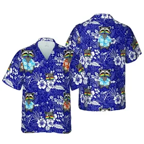Raccoon Tropical Rainbow Sunglasses Hawaiian Shirt Hibiscus Navy Botanical Print Short-sleeve Hawaiian Shirt