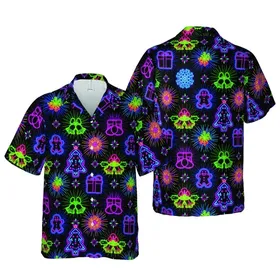 Christmas Hawaiian Gingerbread Candy Cane Snowflake Bauble Print Electric Neon Short-sleeve Hawaiian Shirt